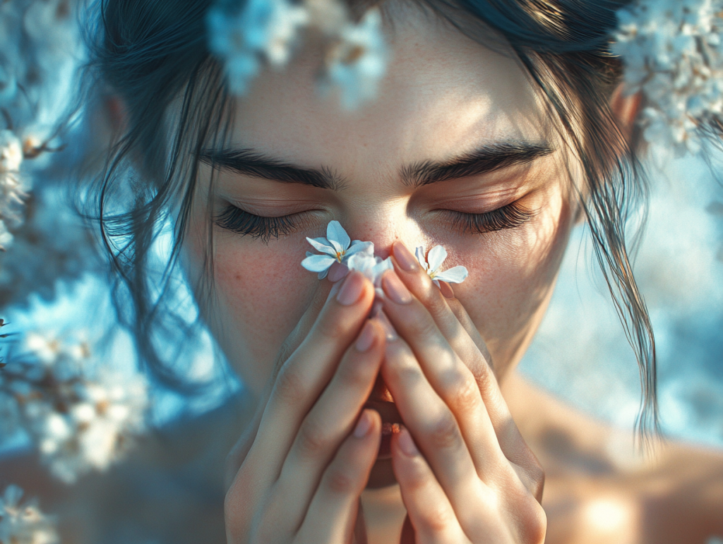 ultra-realistic, beautiful girl sneezing from allergies