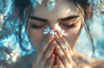 ultra-realistic, beautiful girl sneezing from allergies