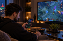 Мужчина делает ставку на киберспорт со смартфона, наблюдая матч по Dota 2 на телевизоре