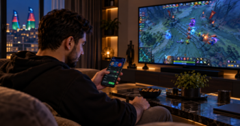 Мужчина делает ставку на киберспорт со смартфона, наблюдая матч по Dota 2 на телевизоре